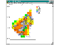 Das Bildschirmmenü von EROSION-3D bietet eine einfache Benutzerführung, eine gute Nachvollziehbarkeit der Datenzusammenstellung und eine schnelle Ergebnisanzeige - Notwendige Voraussetzungen für den effizienten Einsatz in der Boden- und Gewässerschutzplanung. Das Bild zeigt den Ergebnisbildschirm der ersten Version 1.0 aus dem Jahr 1995